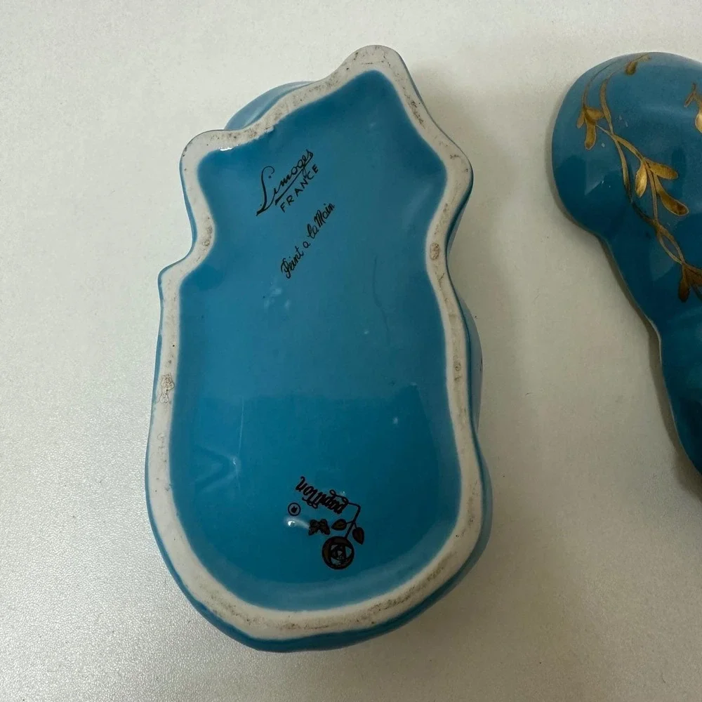 Vintage Limoges France Blue Ceramic Cat Trinket Box Gold Floral Hand Painted